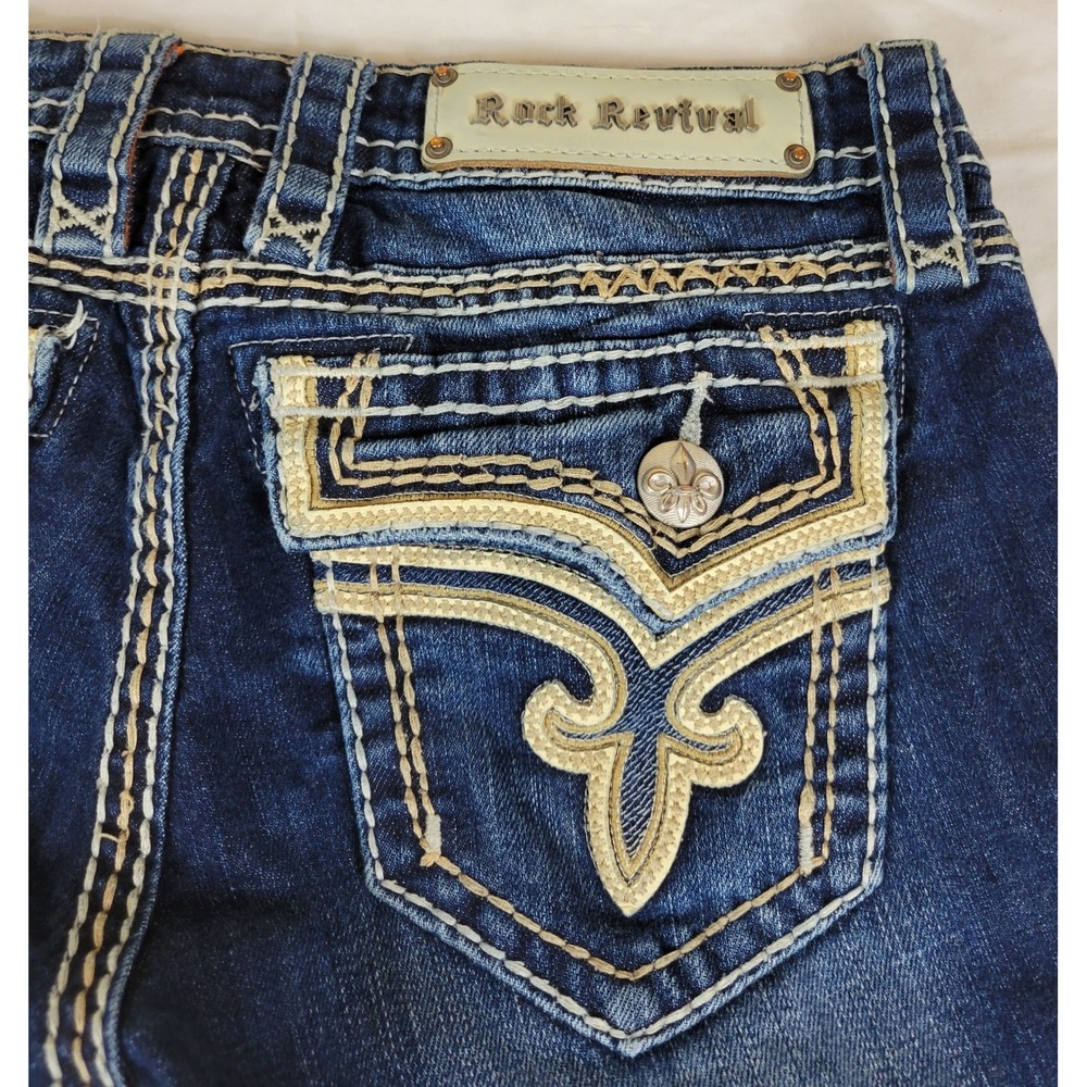 Rock Revival Kai Bootcut Jeans Dark Wash Distressed Thick Stitch Buckle 28x29 - Picture 4 of 11
